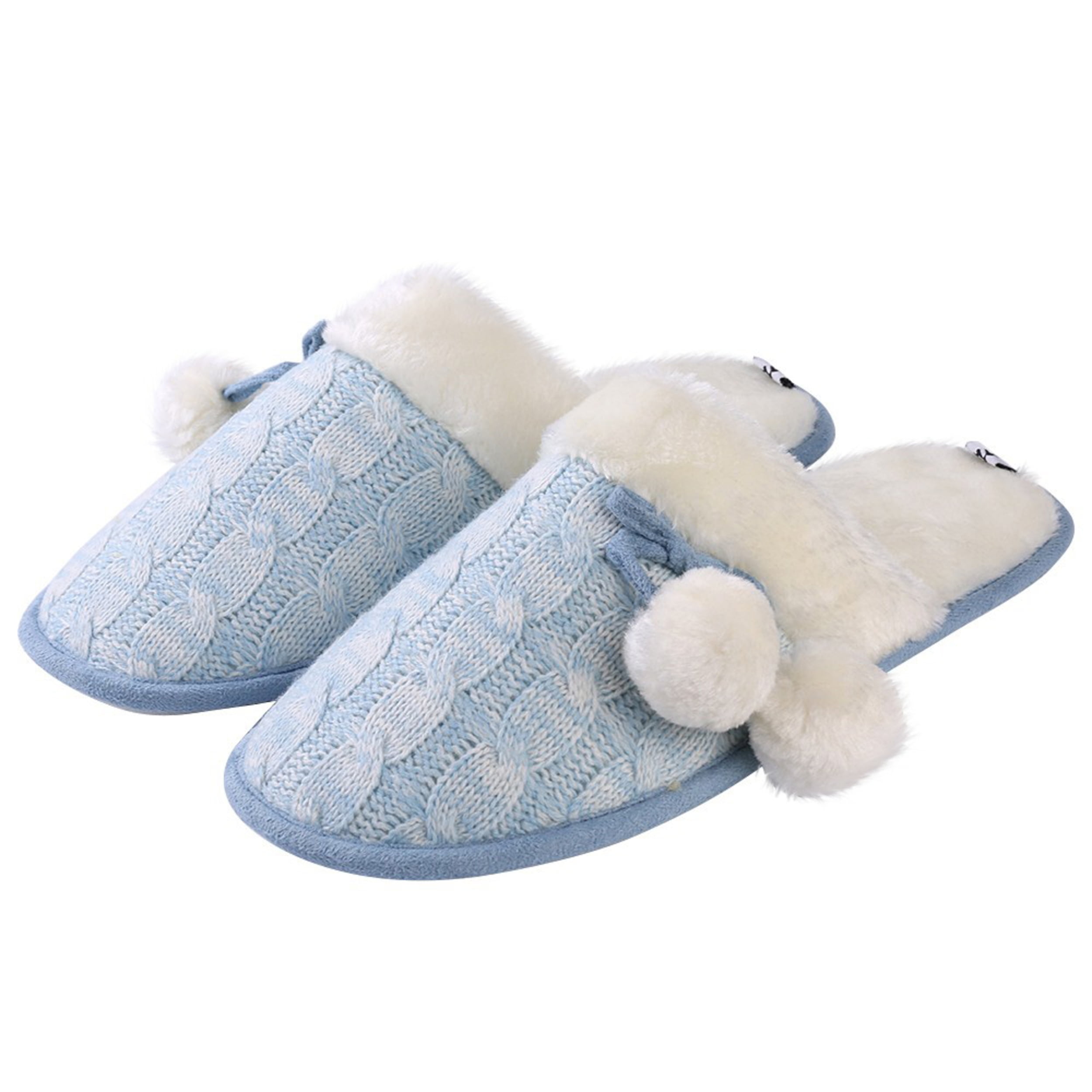 Women's Warm And Soft Pom-Pom Soft Plush Slippers with No-Slip Rubber Sole For Indoor, Outdoor, Spa Use (Blue)