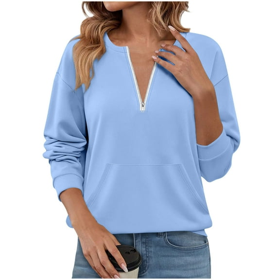 Women’s Warm Blouses Fall Winter Long Sleeve Tops Henley Neck Front Zipper Pullover Sweater Blouse Comfort Casual Spring Outfits 2025 Pullover Fall Winter Clothes for Women