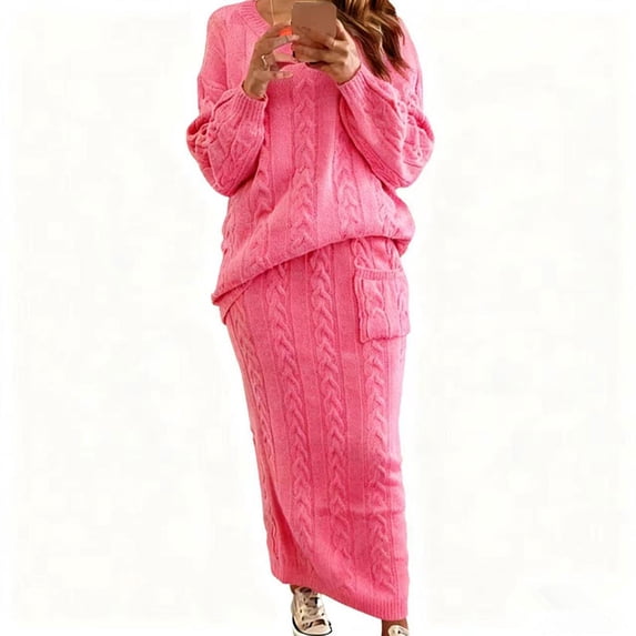 Women's Warm Cable Knit Top and Long Skirt Winter Ensemble Set