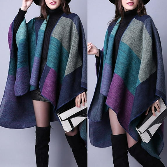 Women's Warm Cape Blanket Ladies Open Front Wrap Poncho Shawl Plaid Cardigan - , as described