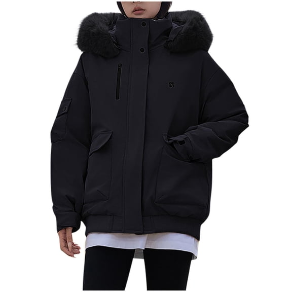 Women's Warm Coats Fashion Casual Loose Solid Color Long Sleeve Hooded Black Winter Clothing Coat Outerwear With Pockets S-2XL