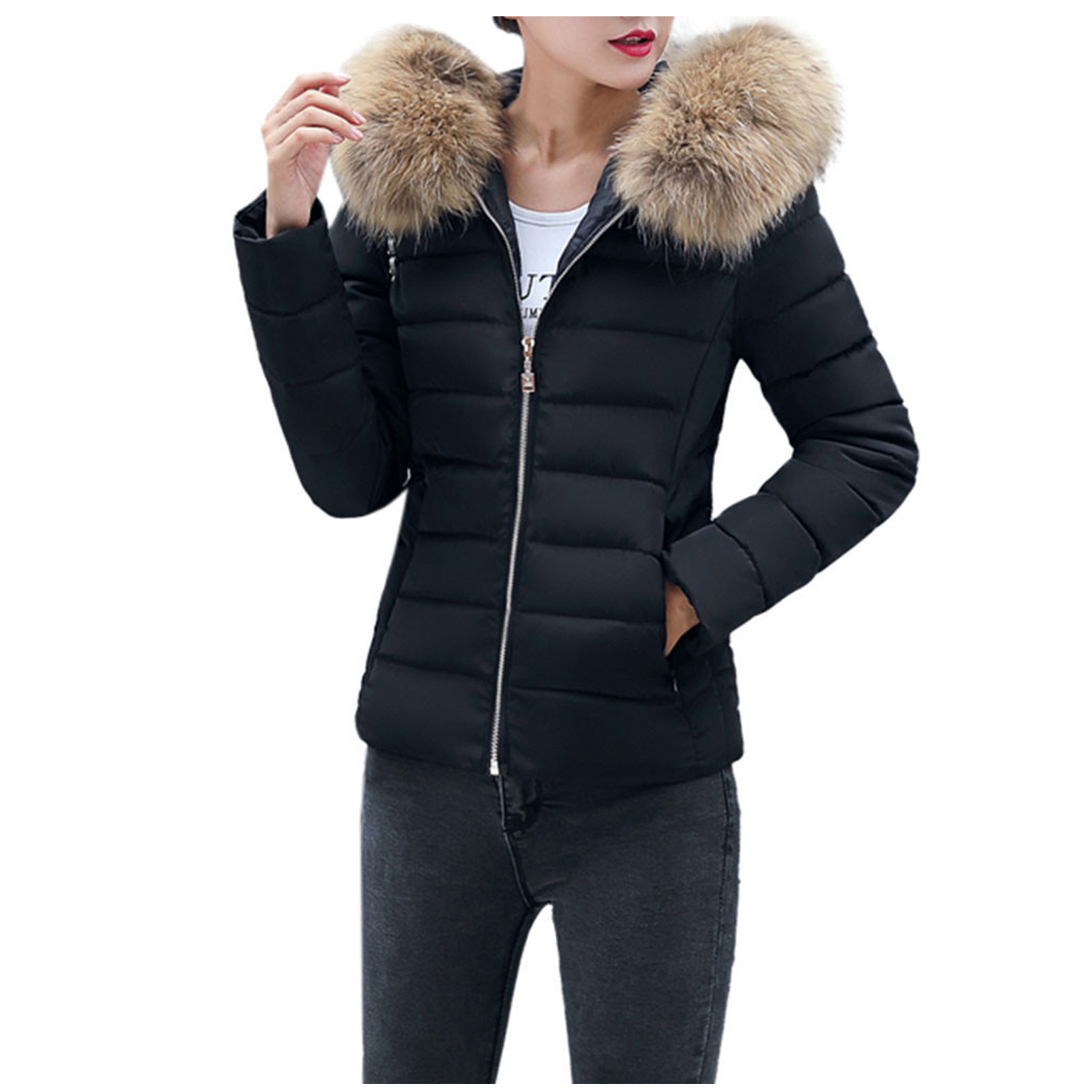 Women's Warm Cotton Padded Clothes Large Wool Collar Thick Coat Slim ...