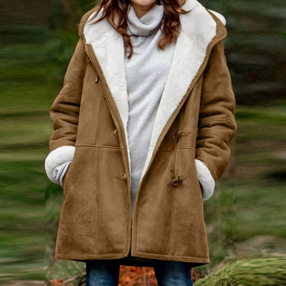 Women's Warm Double Breasted Coat Casual Loose Trench Coat Jacket Warm Fleece Lined Plus Size Hood Jacket Brown XXXL