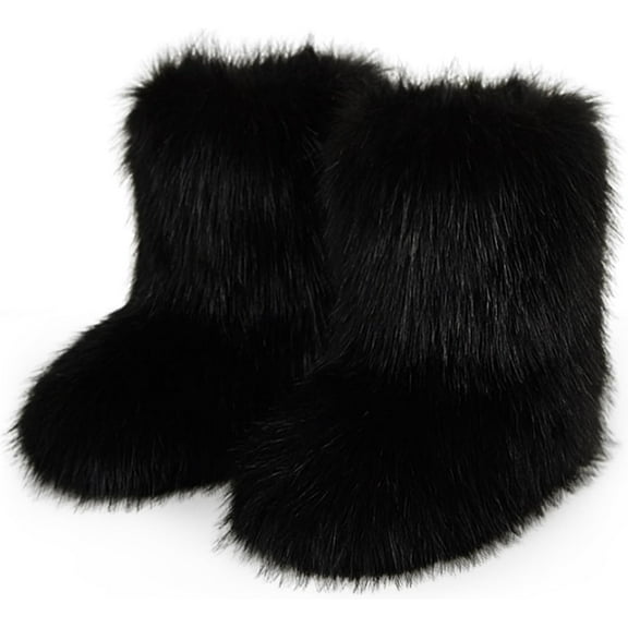 Women's Warm Faux Fur Boots Furry Short Snow Boots, Mid-Calf Flat Shoes for Outdoor Wear