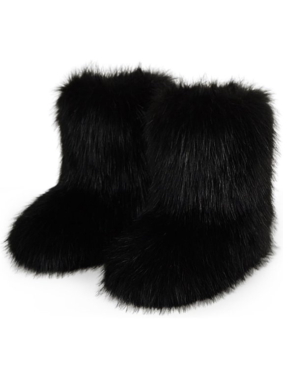 Women's Warm Faux Fur Boots Furry Short Snow Boots, Mid-Calf Flat Shoes for Outdoor Wear