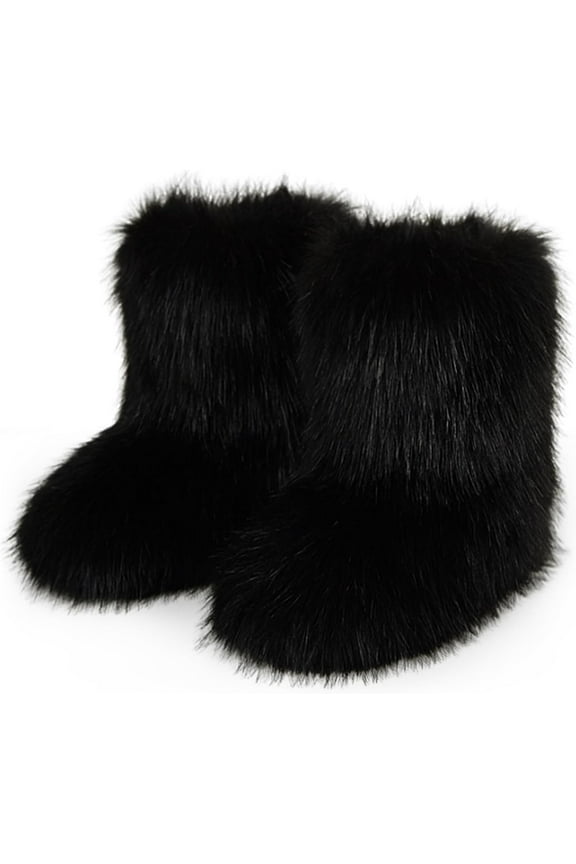 Women's Warm Faux Fur Boots Furry Short Snow Boots, Mid-Calf Flat Shoes for Outdoor Wear