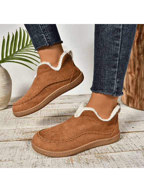 Women’s Warm Faux Fur Lined Ankle Slip-On Shoes, Cozy Winter Indoor Outdoor Walking Loafers, Non-Slip Lightweight Comfort Booties, Soft Plush Lining, Cold-Weather Casual Footwear