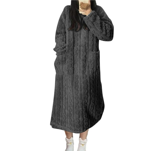 Women's Warm Flannel Nightgown, Winter Fuzzy Fleece Loungewear Long Dress, Pullover Home Wear Nightdress with Pockets Dark Gray S
