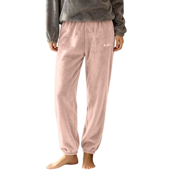 Women's Warm Fleece Jogger Pants Elastic High Waist Sweat Pants Home Loungewear Soft Comfy Pajama Pants for Cold Weather Pink
