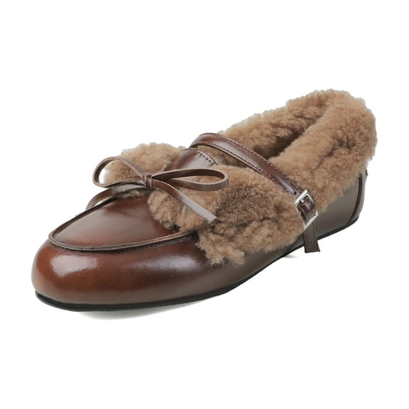 Women’s Warm Fleece Lined Loafers, Deep Cut Mary Jane Flats with Faux Fur Lining, Comfortable Winter Slip On Leather Shoes for Casual Everyday Wear