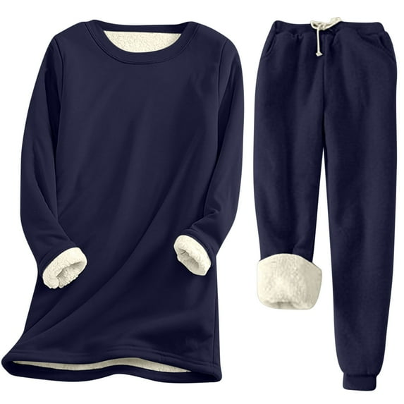 Women's Warm Fleece Lined Loungewear Sets Solid Color Joggers Pants Winter Sherpa Lined Athletic Sweatshirt 2Pcs Pajamas Set