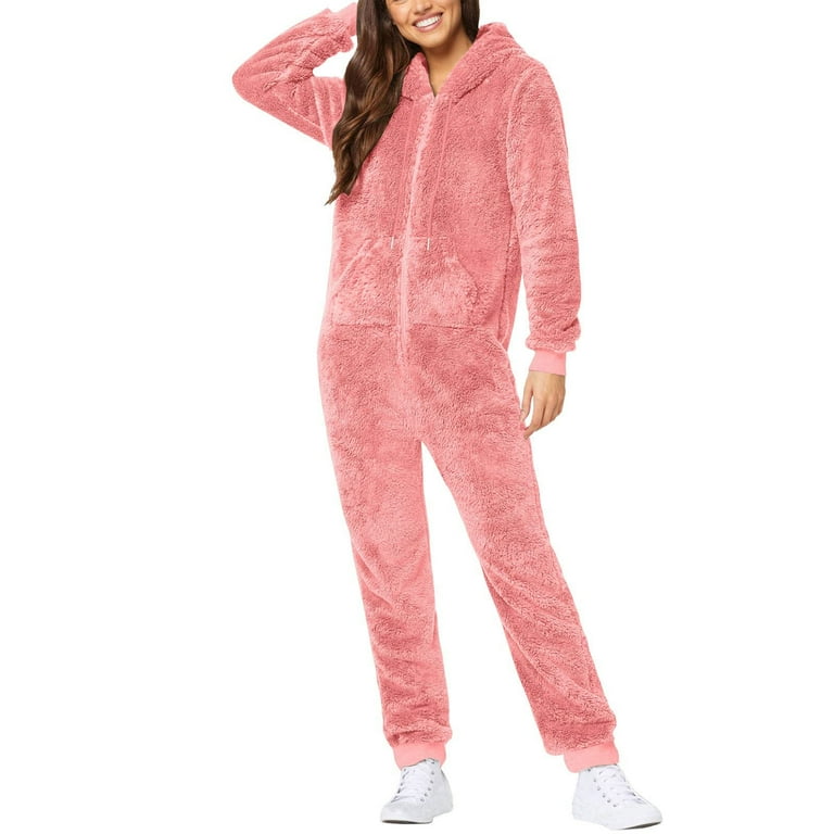 Women s Warm Fleece One Piece Zipper Long Sleeve Hooded Footed Pajamas Adult Onesie with Hood for Winter Walmart