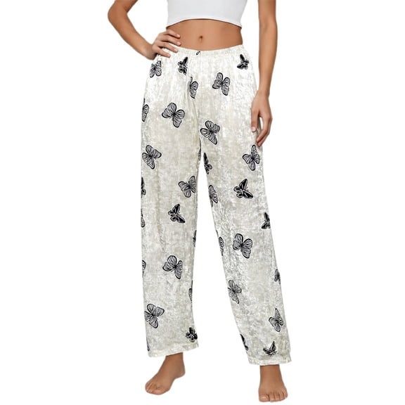 Women's Warm Pajama Pants Fluffy Plush Cute Printed Elastic Waist Winter Warm Soft Pj Bottoms Beige L