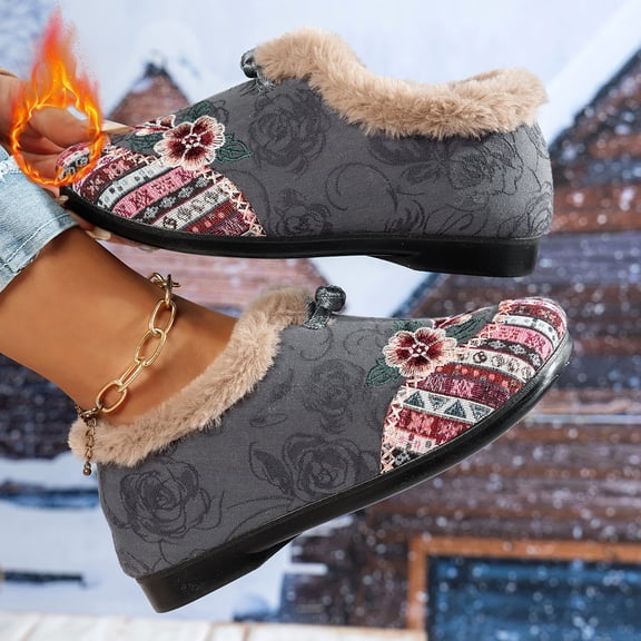 Women’s Warm Floral Embroidered Winter Shoes,Cozy Lightweight Non-Slip Everyday Shoes,Warm Plush Slip-On Booties (Gray,39)