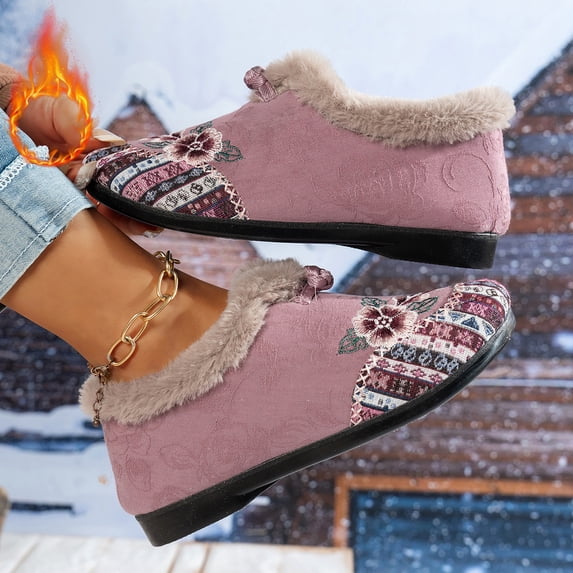 Women’s Warm Floral Embroidered Winter Shoes,Cozy Lightweight Non-Slip Everyday Shoes,Warm Plush Slip-On Booties (Pink,40)