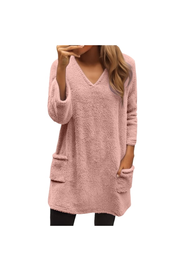 Women's Warm Fluffy Sweater with Pockets, Cute Sweaters Soft Cozy V-Neck Knit Top Fall Winter Sweaters Holiday Sweater Sweatshirt for Women Warm Fluffy Sweater with Pockets, Z-Light Pink M