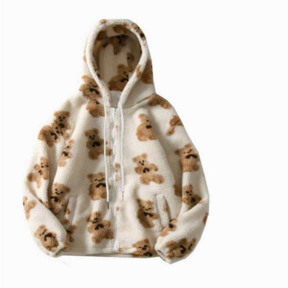 Women's Warm Fuzzy Fleece Jacket Cute Bear Print Hoodie Zip Up Faux Fur Pockets Sweater Coat