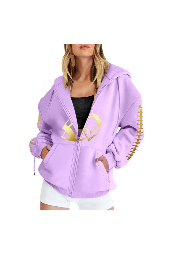 Women's Warm Hooded Sweatshirt – Stylish Metallic Print Fleece for Football Season & Casual Wear game day outfits for women,Light Purple#1 XXXL