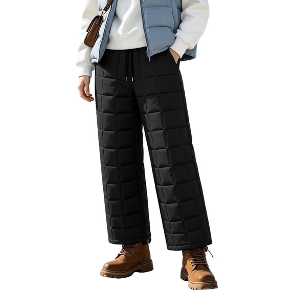 Women's Warm Insulated Quilted Winter Pants Fleece Lined Water Resistant Snow Pants Elastic High Waist with Pockets Outdoor Hiking Ski Bottoms Black
