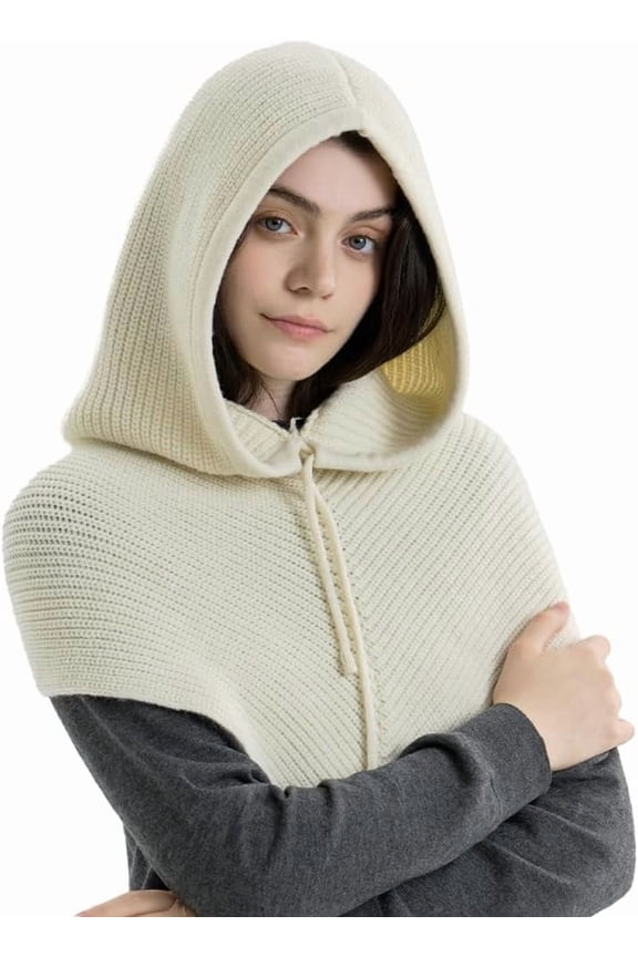 Women's Warm Knit Hooded Scarf Hat 2 in 1 Hooded Scarf with Adjustable Drawstring for Autumn Winter