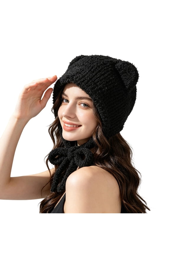 Women's Warm Knitted Hat With Bear Ear, Fuzzy Plush Winter Beanie With Self‑Tie Strings
