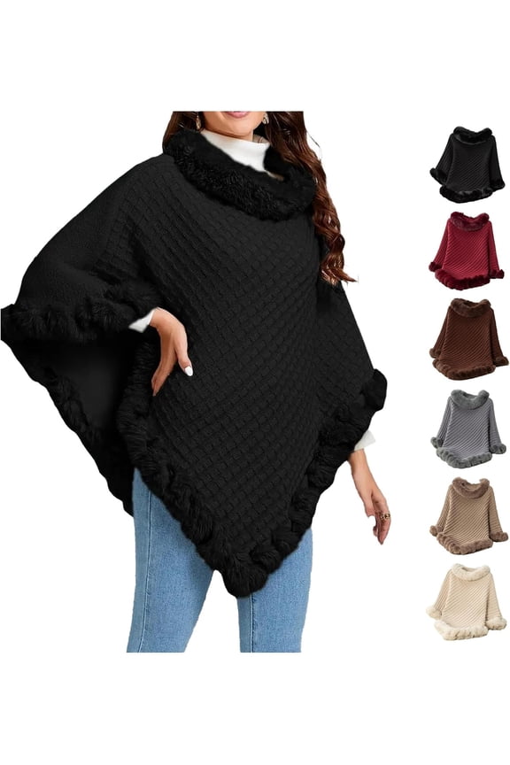 Women's Warm Knitted Pashmina Shawl Wraps, Fuzzy Turtleneck Faux Fur Cape Wraps, Loose Fur Trim Poncho Knit Pullover