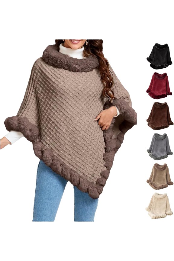 Women's Warm Knitted Pashmina Shawl Wraps, Fuzzy Turtleneck Faux Fur Cape Wraps, Loose Fur Trim Poncho Knit Pullover