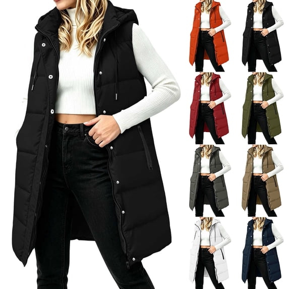 Women's Warm Long Puffer Vests,Thick Sleeveless Drawstring Hooded Casual Layering Winter Outerwear Jacket,Double Closure with Zipper and Button,Side Zipper Pocket