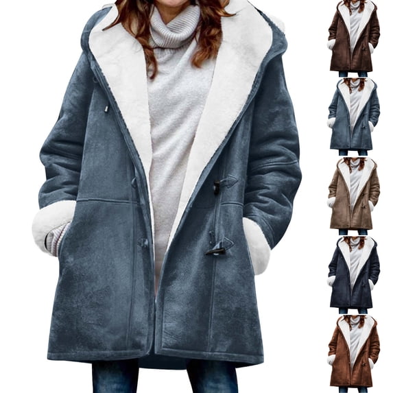 Women's Warm Long Sleeve Jacket Fleece Lined Hooded Coat Solid Color Horn-Style Buttons Oversized Cold Weather Windproof Outerwear with Fleece Cuffs and Pockets