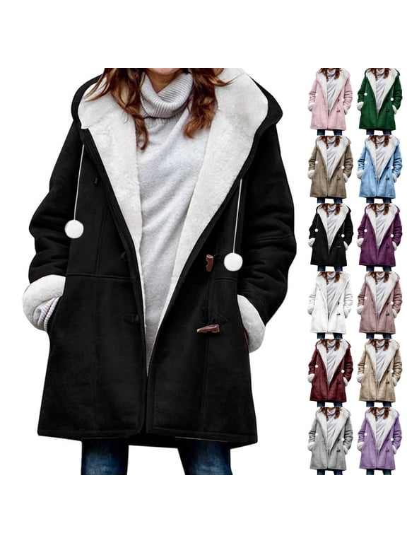 Women's Warm Long Sleeve Jacket Fleece Lined Hooded Coat Solid Color Horn-Style Buttons Oversized Cold Weather Windproof Outerwear with Fleece Cuffs and Pockets