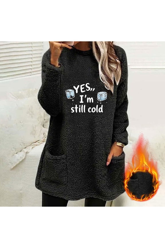 Women's Warm Long Sleeve Round Neck Loose Solid Pocket Top for Winter Casual Comfort Blouse