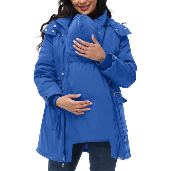 Women's Warm Maternity 3 In 1 Parka - Hooded Quilted Lined Thick Puffer, Winter Coat With Pockets Ideal for Errands, Commute & Gatherings Blue XL