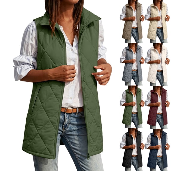 Women's Warm Mid-Length Puffer Vests,Full Zip Sleeveless Hooded Casual Layering Winter Outerwear Jacket with Side Pocket