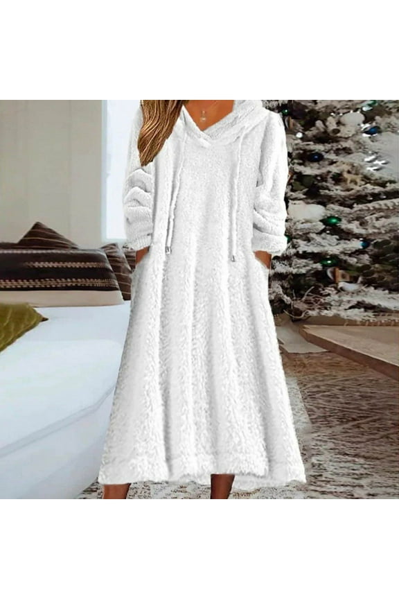 Women's Warm Nightgown Long Sleeve Sleepshirt Long Loungewear Casual Maxi Lounge Dress House Dresses with Pockets White XXXL