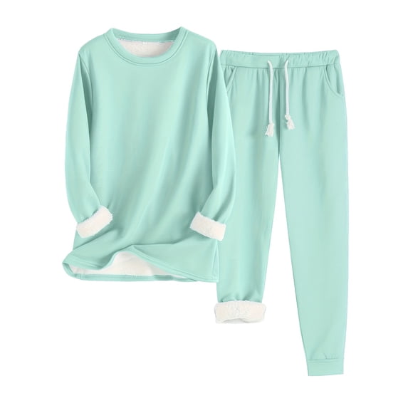 Women's Warm Pajama Set Polyester Fleece Plush Lining Round Neck Design Long Sleeve for Coziness Night