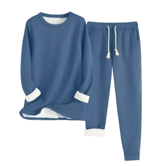 Women's Warm Pajama Set Polyester Fleece Plush Lining Round Neck Design Long Sleeve for Coziness Night