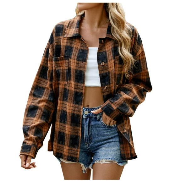 Women's Warm Plaid Jacket Coffee Casual Lapel Long Sleeve Unless Casual Coat Outwear M