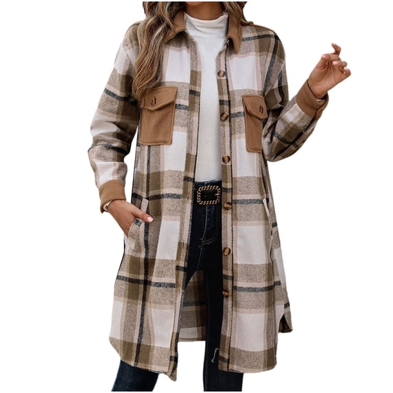 Women's Warm Plaid Jacket Coffee Winter Mid-Length Woolen Retro Brushed Long Sleeve Cardigan Coat Outwear S