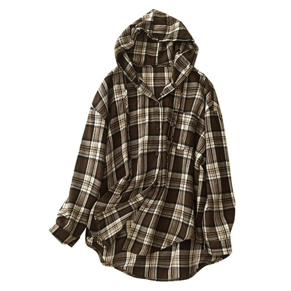 Women's Warm Plaid Jacket Khaki Casual Drawstring Long Sleeve Hooded Casual Outwear Shirts Coat Outwear 2XL