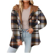 Womens Warm Plaid Jacket Khaki Fall And Winter Lattice Splice Pocket Buttons Long Sleeve Casual Hooded Outwears L