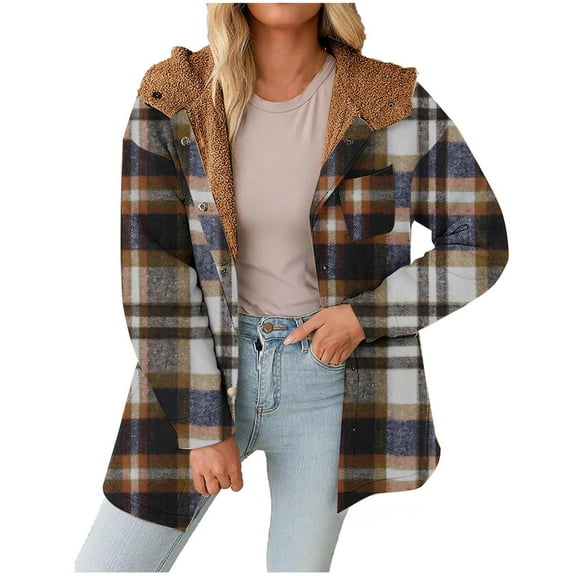 Women's Warm Plaid Jacket Khaki Fall And Winter Lattice Splice Pocket Buttons Long Sleeve Casual Hooded Outwears L