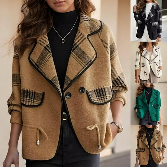 Women's Warm Plaid Jacket Khaki Knitted Cardigan Casual Long Sleeved Coat L