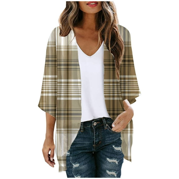 Women's Warm Plaid Jacket Khaki Long Sleeve Blouse With Pocket Cardigan Printing Casual L