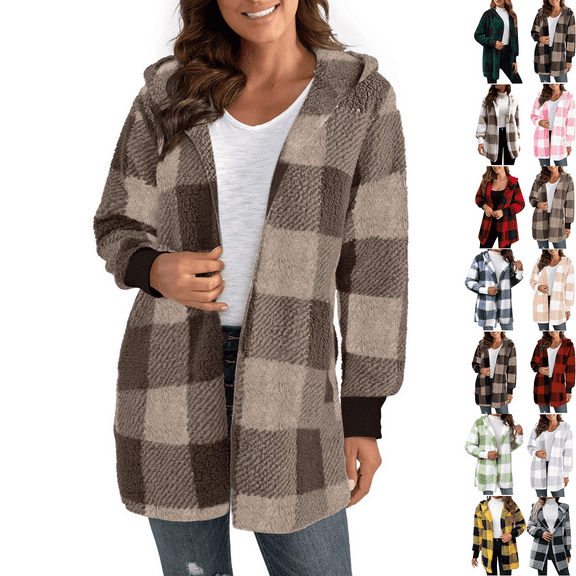 Women's Warm Plaid Jacket Khaki Winter Long Sleeve Faux Shearling Oversized Outfits Clothes with Hooded M
