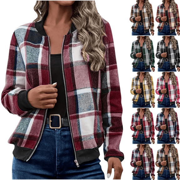 Women's Warm Plaid Jacket Long Sleeve Round Neck Zipper Lightweight 2025 Fall Coat Wine S-2XL