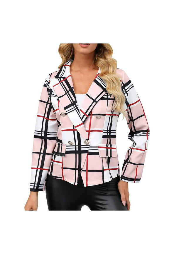 Women's Warm Plaid Jacket Pink Button Pocket Check Print Slim Lapel Blazer Blouse Coats L