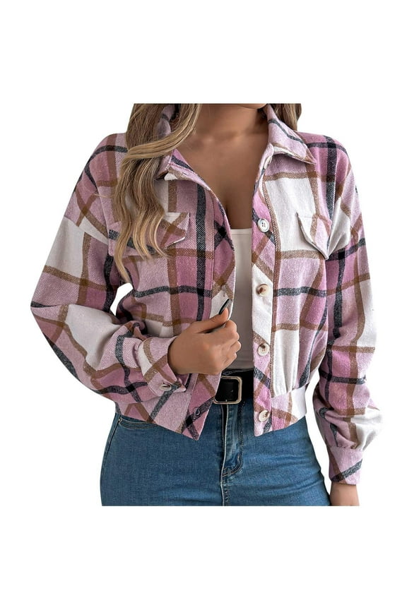 Women's Warm Plaid Jacket Pink Winter Leisure Fake Pocket Long Sleeve Woolen Coats XL