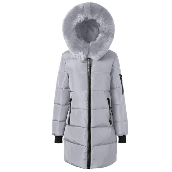 Women's Warm Puffer Jacket Long Solid Colour Zip Up Down Coats with Faux Fur Hood Gray M
