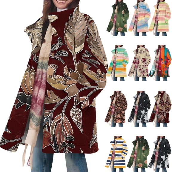 Women's Warm Quilted Lightweight Puffer Jacket Women's Casual Warm Clothing Winter Daily Printed Loose Collar Button Long Sleeved Jacket Wine L