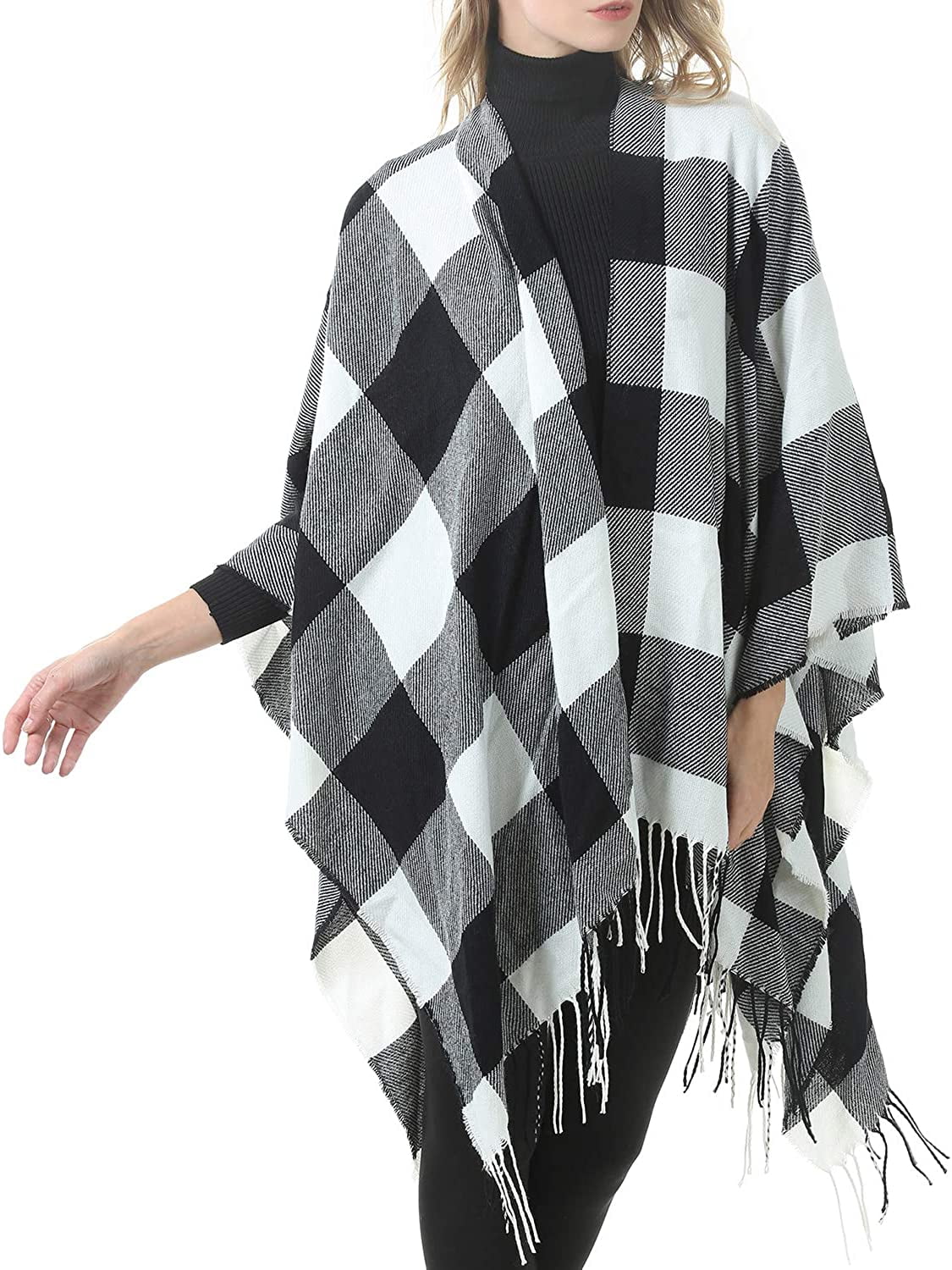 Women's Warm Shawl Wrap Open Front Poncho Cape Color Block Shawls ...